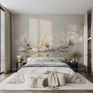 Fototapety Jasne kwiaty magnolii na gałęzi nad odbiciem w wodzie, Fototapety Kwiaty, w05353 : Uwalls.pl