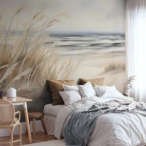 Fototapety Teksturowany krajobraz z suchą trawą na piaszczystej plaży, z oceanem i niebem w tle., Fototapety Natura, w09739 : Uwalls.pl