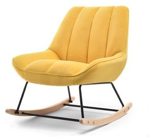 Designerski fotel bujany berta żółty mięciutki na płozach z drewna buk