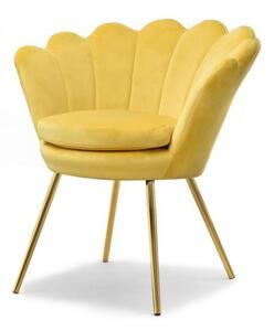 Designerski fotel muszelka lazar żółty welurowy na zotych nogach do salonu