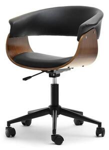 Loftowe krzesło obrotowe na kółkach manza z drewna orzech i czarnej skóry do biurka