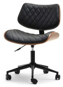 Mały fotel biurowy bruno drewniany orzech tapicerowany grubą czarną skórą na czarnej nodze