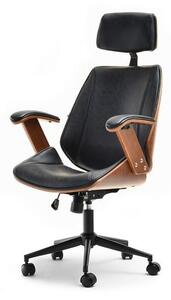 Elegancki fotel biurowy drewniany frank czarny skórzany antic ze sklejką orzech do loftu