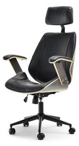 Wysoki fotel obrotowy frank skóra czarny antic z drewnianym korpusem dąb palony do biura