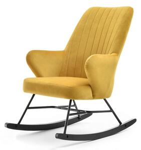 Designerski fotel bujany z weluru fleur żółty z podłokietnikami na czarnych płozach