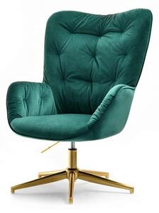 Welurowy fotel z podłokietnikami merida zielony pikowany na złotej podstawie do salonu