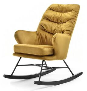 Welurowy fotel tapicerowany bujany lusso złoty na czarnych płozach do salonu