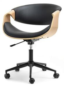 Drewniany mały fotel biurowy rapid czarny skórzany ze sklejki dąb z czarną nogą na kółkach