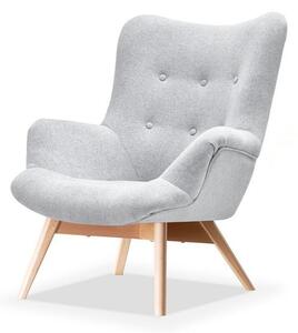 Pikowany fotel uszak flori jasny szary w stylu skandynawskim z drewnianymi nogami buk