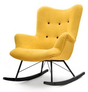 Designerski fotel bujany lauren żółty pikowany uszak na czarnych płozach z drewna