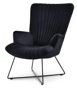 Elegancki fotel nell czarny welurowy z przeszyciami na metalowych płozach