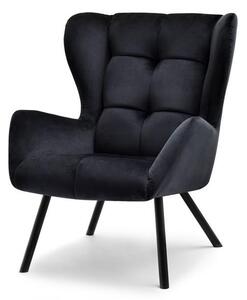 Elegancki fotel welurowy noel czarny pikowany na czarnej metalowej podstawie