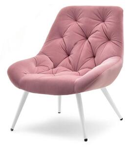 Pikowany fotel wypoczynkowy costa różowy welurowy na białej podstawie do pokoju dziennego