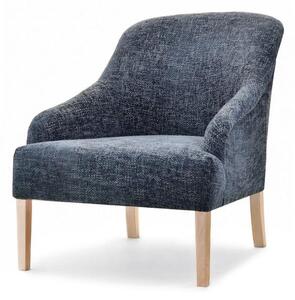 Duży pleciony fotel do salonu rosen szary błękit tapicerowany na nodze z drewna