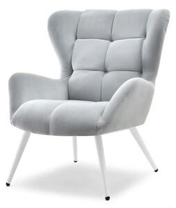 Designerski fotel kikori szary z weluru na białych nogach do salonu