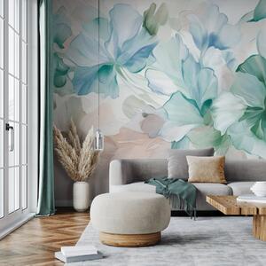 Fototapety Abstrakcyjne, fantazyjne kwiaty w odcieniach zieleni, błękitu i beżu, utrzymane w stylu, Fototapety Akwarele, w09767v1 : Uwalls.pl