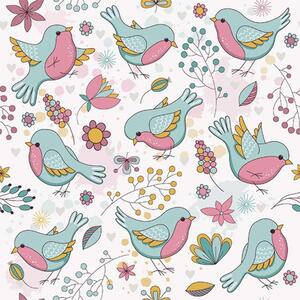 Bajkowe pastelowe ptaki i kwiaty Tapeta Bajkowe pastelowe ptaki i kwiaty