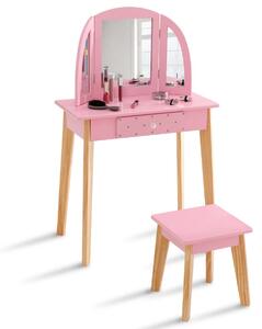 Toaletka dziecięca z taboretek, różowa/drewno