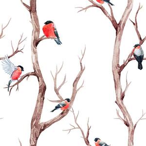 Dekoracyjne czerwone ptaki na gałęziach drzew Okleina ścienna Dekoracyjne czerwone ptaki na gałęziach drzew