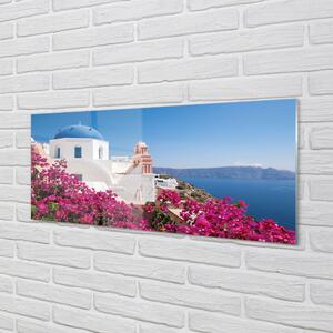 Panel Szklany Grecja Kwiaty morze budynki