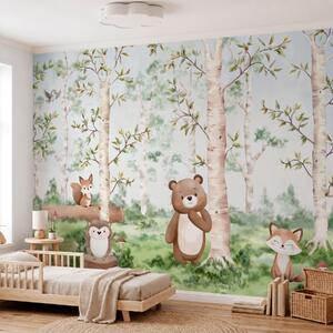 Fototapety Ilustracja dla dzieci przedstawiająca las, w którym występują niedźwiedź, lis i jeż, Tapety Wyjątkowe, w05532 : Uwalls.pl