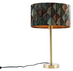 Lampa stołowa mosiężna z owalnym aksamitnym abażurem z motywem liści 35 cm - Simplo