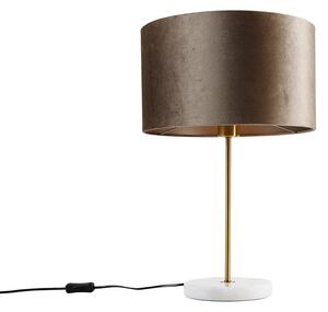 Lampa stołowa mosiężna z aksamitnym abażurem taupe 35 cm - Kaso