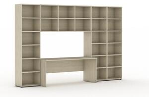Biblioteka z wbudowanym biurkiem, wysoka/szeroka, 3550x700/400x2300 mm, dąb naturalny