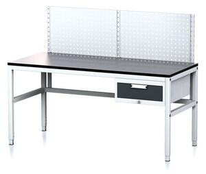 Stół warsztatowy MECHANIC II z panelem perforowanym, 1600 x 700 x 745-985 mm, 1 kontener szufladowy, szary/antracyt