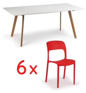 Stół do jadalni 180x90 + 6x krzesło plastikowe REFRESCO czerwone