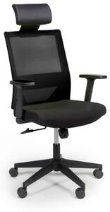 Krzesło biurowe z oparciem z siatki WOLF, regulowane podłokietniki, plastikowy krzyżak, czarne