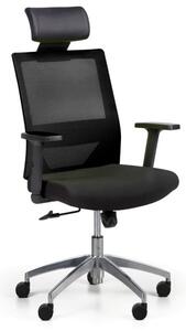 Krzesło biurowe z oparciem z siatki WOLF II, regulowane podłokietniki, aluminiowy krzyżak, czarne
