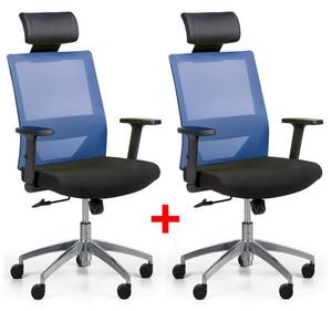 Krzesło biurowe z oparciem z siatki WOLF II, regulowane podłokietniki, aluminiowy krzyżak, 1+1 GRATIS, niebieskie