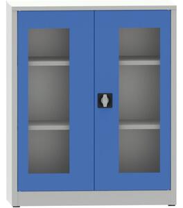 Szafa z półkami spawana ze szklanymi drzwiami, 1150 x 950 x 500 mm, szara/niebieska