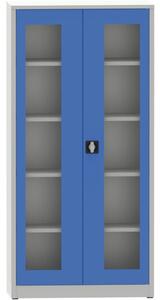 Szafa z półkami spawana ze szklanymi drzwiami, 1950 x 950 x 600 mm, szara/niebieska