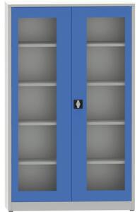 Szafa z półkami spawana ze szklanymi drzwiami, 1950 x 1200 x 600 mm, szara/niebieska