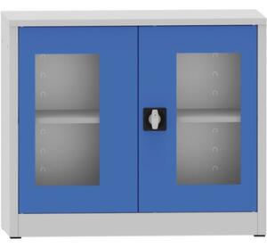 Szafa spawana z półkami ze szklanymi drzwiami, 800 x 950 x 400 mm, szara/niebieska