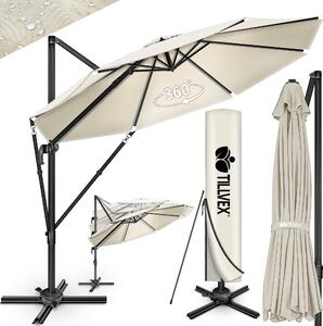 Tillvex® Premium parasol aluminiowy 330 cm beowy + pokrowiec i ochrona przed wiatrem | Ampelschirm 6-Fach verstellbar mit Kurbel | Gartenschirm 360° Drehbar Neigbar Kippbar | Kurbelschirm UV50+ Groß wasserdicht