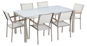 Zestaw ogrodowy stół biały szklany blat 180x90cm 6 krzeseł białych Grosseto Beliani