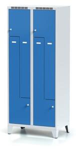 Metalowa szafka ubraniowa Z na nogach, 4 przegródki, drzwi niebieske, zamek obrotowy