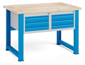 Stół warsztatowy KOVONA, 6 szuflad na narzędzia, blat z drewna bukowego, stałe nogi, 1200 mm