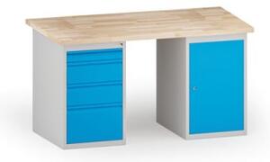 Stół warsztatowy KOVONA, 1 szafka wisząca i 4 szuflad na narzędzia, blat z drewna bukowego, 1500 mm