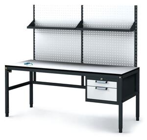Antystatyczny stół warsztatowy ESD z panelem perforowanym i półkami, 2 skrzynki szufladowe na narzędzia, 1800 x 800 x 745-985 mm