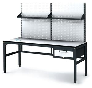 Antystatyczny stół warsztatowy ESD z panelem perforowanym i półkami, 1 skrzynka szufladowa na narzędzia, 1800 x 800 x 745-985 mm