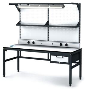Antystatyczny stół warsztatowy ESD, panel perforowany, półka, oświetlenie, 1 skrzynka szufladowa na narzędzia, 1800 x 800 x 745-985 mm