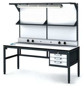 Antystatyczny stół warsztatowy ESD, panel perforowany, półka, oświetlenie, 3 skrzynki szufladowe na narzędzia, 1800 x 800 x 745-985 mm