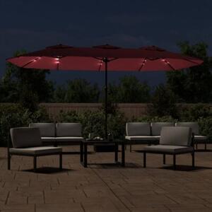 Podwójny parasol ogrodowy z LED, bordowy, 449x265 cm