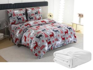 Zestaw pościeli z mikropluszu MERRY CHRISTMAS DEER szare + prześcieradło z mikropluszu SOFT 180x200 cm białe, łóżko podwójne