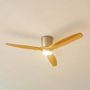 Wentylator sufitowy LED Lucande Faipari, nikiel, DC, cichy, 132 cm Faipari, jasne drewno, salon / jadalnia, drewno, nowoczesny