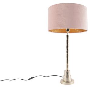 Lampa stołowa art deco złota klosz welurowy różowy 35cm - Pisos Oswietlenie wewnetrzne